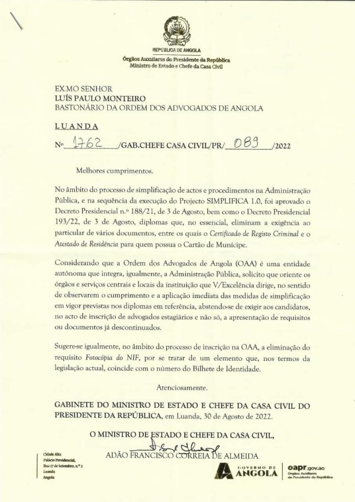 Casa Civil recomenda à OAA que se abstenha de exigir documentos